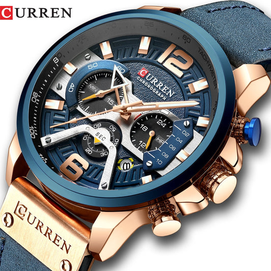 CURREN Casual Sport Relo para sa Mga Lalaki Asul Nangungunang Brand Luxury Militar na Balat na Wrist na Relo Man Clock Fashion Chronograph Wristwatch