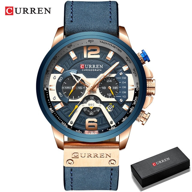 CURREN Casual Sport Relo para sa Mga Lalaki Asul Nangungunang Brand Luxury Militar na Balat na Wrist na Relo Man Clock Fashion Chronograph Wristwatch